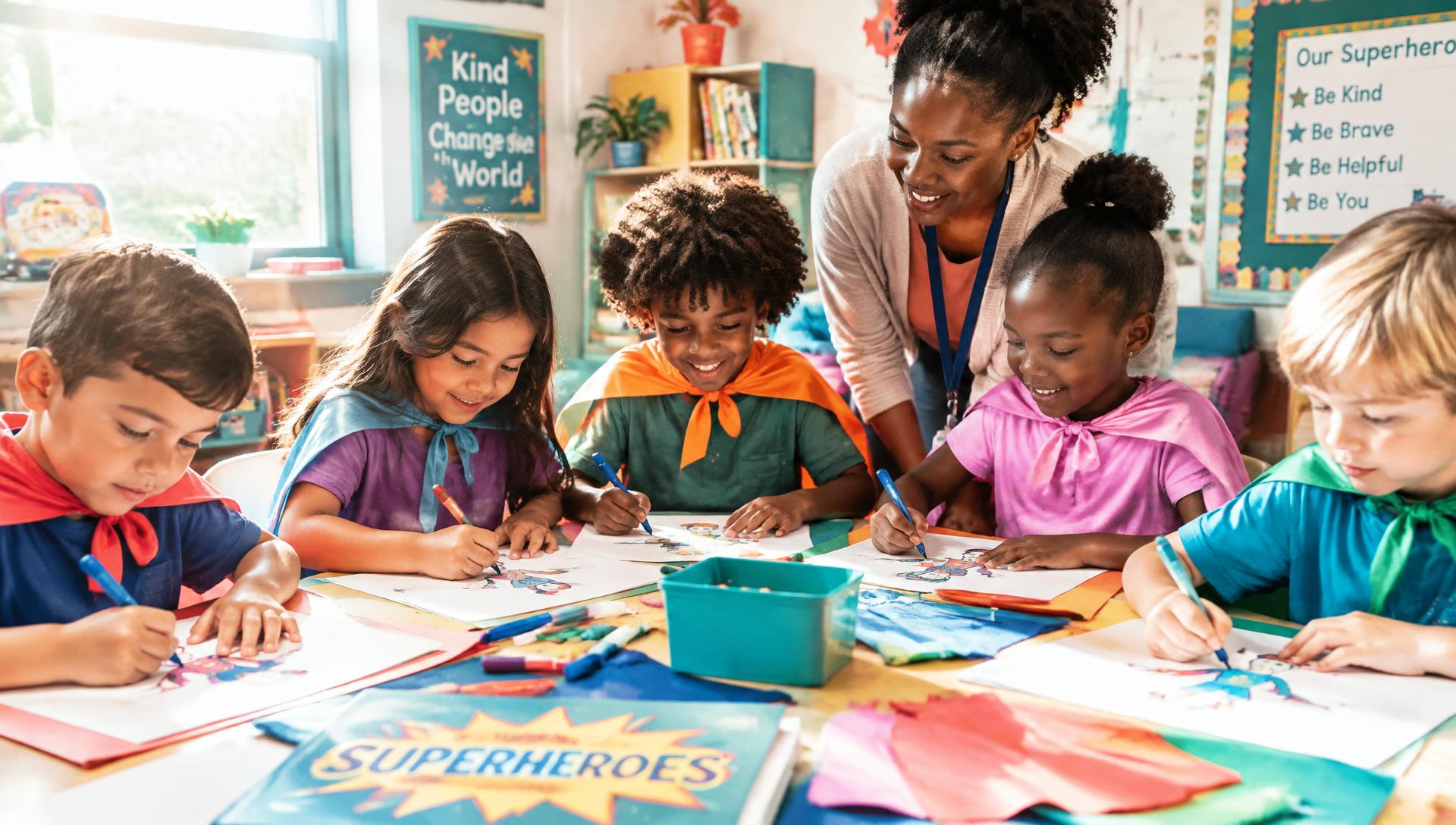 Children in capes drawing their own superheroes with a smiling educator